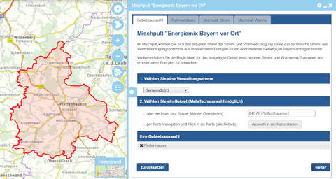 Gebietsauswahl: Sie können sowohl einzelne, als auch mehrere Gemeinden, Landkreise oder Regierungsbezirke für Ihr Szenario auswählen. (Quelle: Energie-Atlas Bayern)