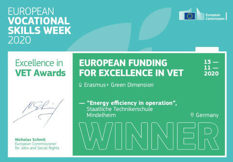 Das Projekt wurde 2020 von einer Jury zum besten Projekt in der Kategorie Green Erasmus während der European VET Week ernannt. Hier ist die Urkunde zu sehen.