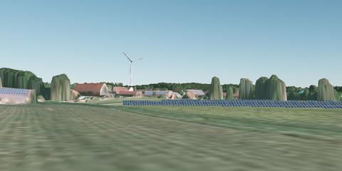 3D-Simulation Photovoltaikanlage und Windrad (Bildquelle: Energie-Atlas Bayern)