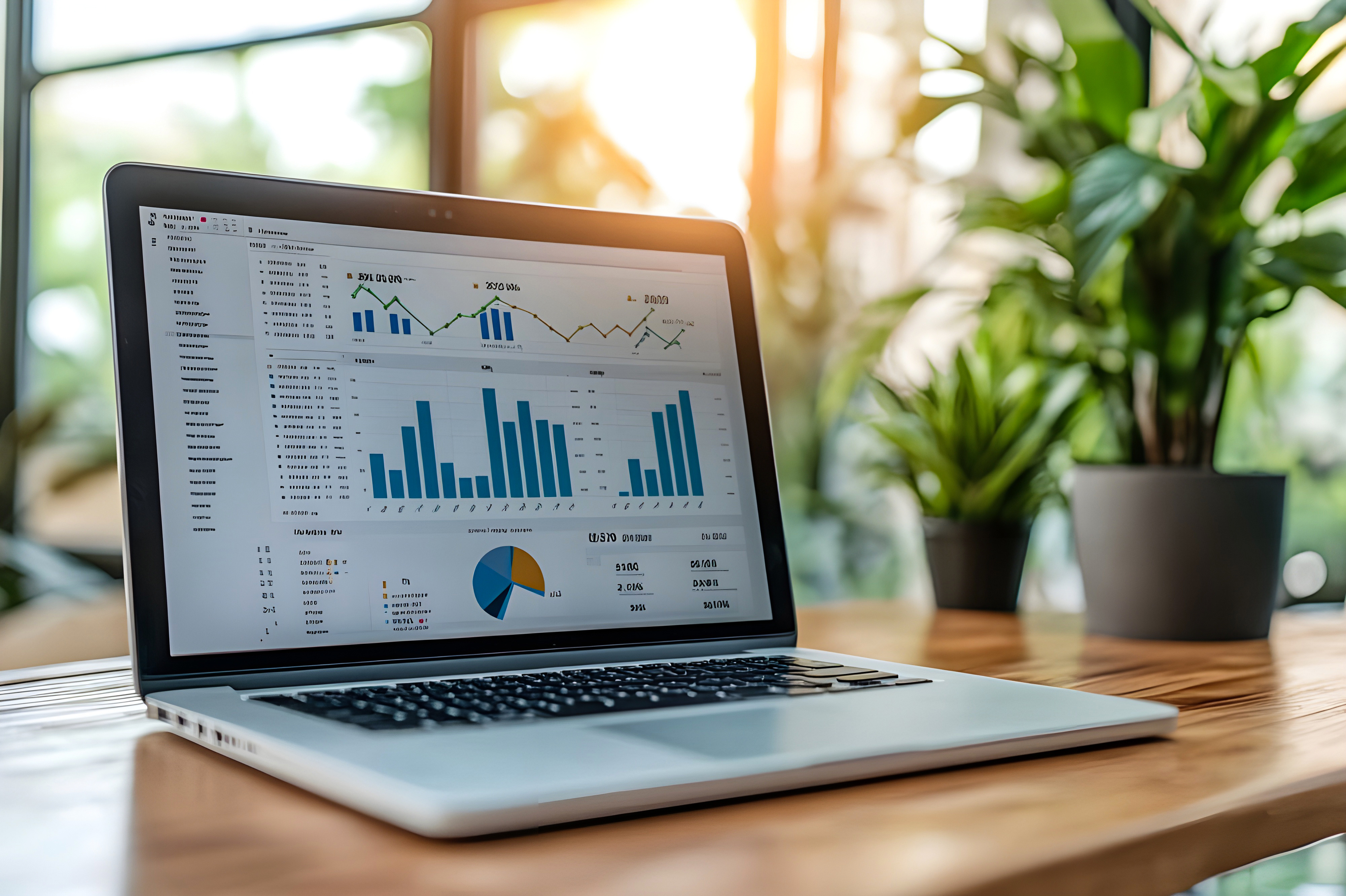 Auf einem Laptop werden verschiedene Diagramme und Daten angezeigt. 