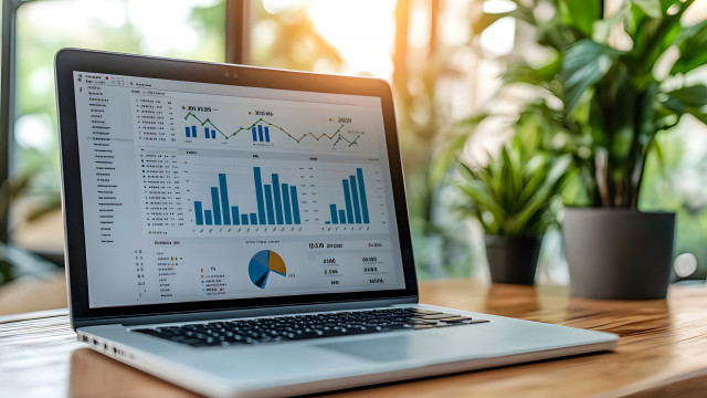 Auf einem Laptop werden verschiedene Diagramme und Daten angezeigt. 