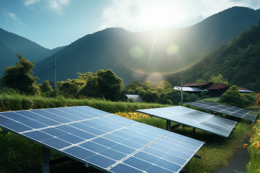 Freiflächen-PV-Anlage vor einer Berglandschaft bei Sonnenaufgang (Bildquelle: mknisanci – stock.adobe.com)