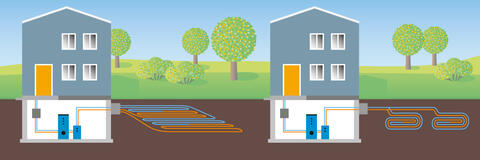 Zwei Häuser, die unterschiedliche Arten der Geothermie nutzen (Bildquelle: LfU, Maria Wölfl).
