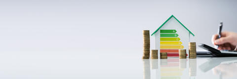 Bildcollage zum Thema Energieeffizienz mit Häuschen, Geldmünzen, Taschenrechner (Bildquelle: Andrey Popov - stock.adobe.com)