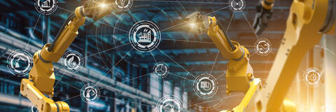 Roboterarme und automatisierte industrielle Produktion sowie Symbole für Industrie (Bildquelle: Pugun & Photo Studio - stock.adobe.com). Roboterarme und automatisierte industrielle Produktion sowie Symbole für Industrie (Bildquelle: Pugun & Photo Studio - stock.adobe.com).