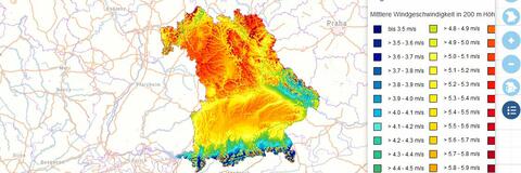 Kartendarstellung Windatlas im Energie-Atlas Bayern (Bildquelle: Energie-Atlas Bayern)