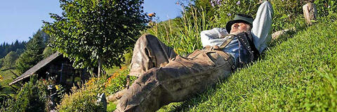 Ein Mann entspannt auf einer Bergwiese (Foto: S. Teubenbacher)
Ein Mann entspannt auf einer Bergwiese (Foto: S. Teubenbacher)
