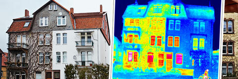 Ein Gebäude, daneben eine Thermografie-Aufnahme des Hauses. (Quelle: Ingo Bartussek - Fotolia.com) Ein Gebäude, daneben eine Thermografie-Aufnahme des Hauses. (Quelle: Ingo Bartussek - Fotolia.com)
