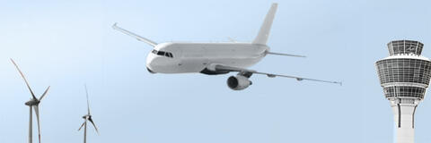 Eine Collage mit Bildern von Windrädern, einem Flugzeug und einem Tower. (Quellen: Flugzeug: vicelord6 - Fotolia.com, Tower: iMate - Fotolia.com) 