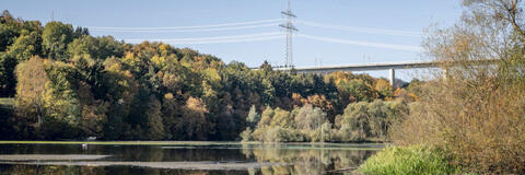 Das Titelbild der Seite Naturschutz zeigt eine Freileitung in der Landschaft, im Vordergrund ist ein Gewässer und viele Bäume und Sträucher zu sehen, im Hintergrund eine Autobahnbrücke (Bildquelle: StMWi). Freileitung in der Landschaft (Quelle: StMWi).