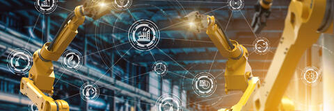Roboterarme und automatisierte industrielle Produktion sowie Symbole für Industrie (Bildquelle: Pugun & Photo Studio - stock.adobe.com). Roboterarme und automatisierte industrielle Produktion sowie Symbole für Industrie (Bildquelle: Pugun & Photo Studio - stock.adobe.com).