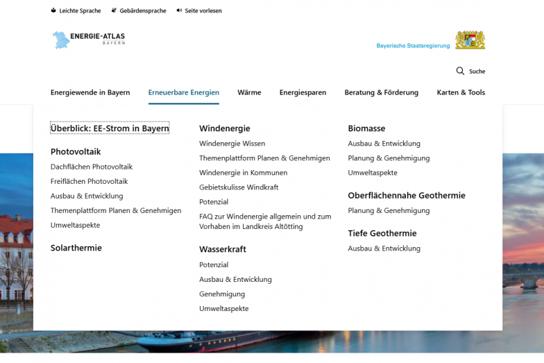 Neu gestaltetes Menü im Energie-Atlas Bayern