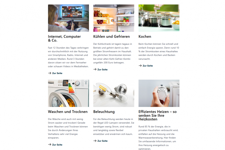 Screenshot der Teaser für Unterseiten im Energie-Atlas Bayern