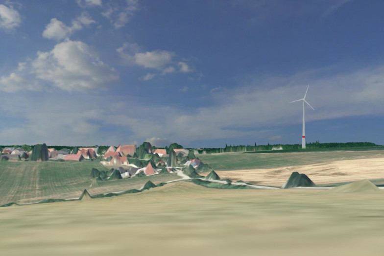 3D-Simulation eines Windrads neben Dorf (Bildquelle: Energie-Atlas Bayern) 3D-Simulation eines Windrads neben Dorf (Bildquelle: Energie-Atlas Bayern)