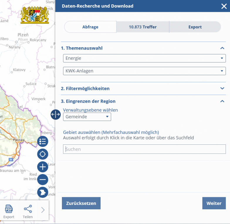 Funktion "Datenrecherche und Download" im Energie-Atlas Bayern (Bildquelle: Energie-Atlas Bayern) Funktion "Datenrecherche und Download" im Energie-Atlas Bayern (Bildquelle: Energie-Atlas Bayern)