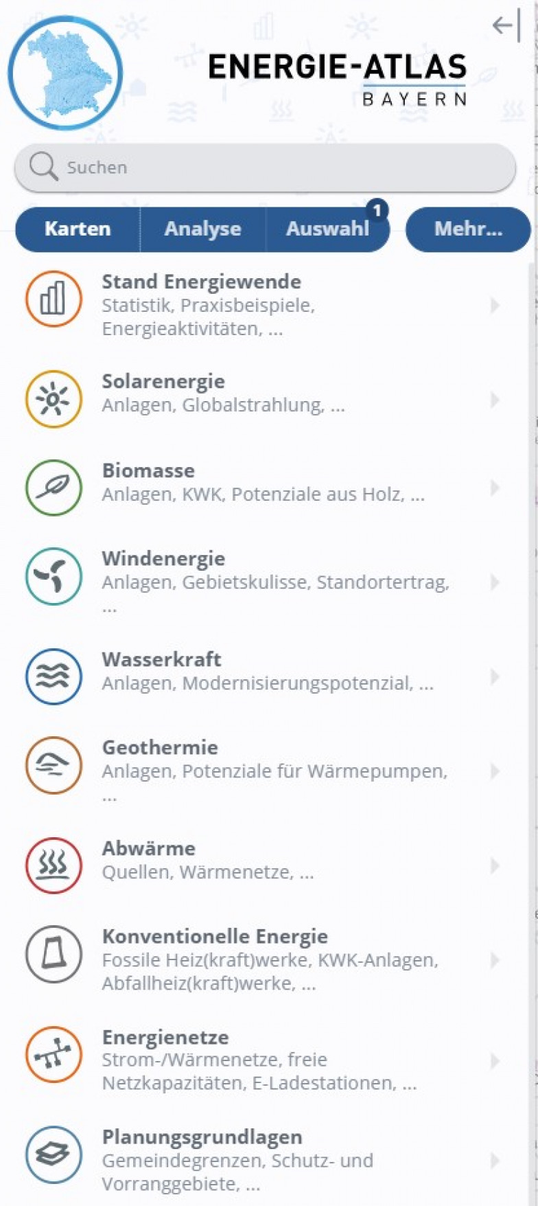 Die Menüpunkte im Kartenteil. Die Menüpunkte im Kartenteil.