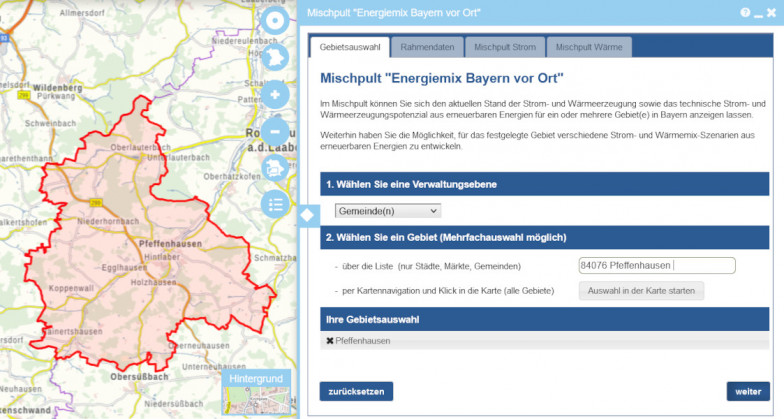 Mischpult - Gebietsauswahl Gebietsauswahl: Sie können sowohl einzelne, als auch mehrere Gemeinden, Landkreise oder Regierungsbezirke für Ihr Szenario auswählen. (Quelle: Energie-Atlas Bayern)