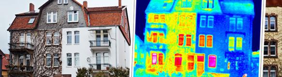 Ein Gebäude, daneben eine Thermografie-Aufnahme des Hauses. (Quelle: Ingo Bartussek - Fotolia.com)