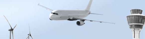 Eine Collage mit Bildern von Windrädern, einem Flugzeug und einem Tower. (Quellen: Flugzeug: vicelord6 - Fotolia.com, Tower: iMate - Fotolia.com) 