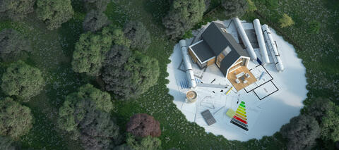 Bildcollage mit Wald und Planung eines Hauses (Bildquelle: FrankBoston - stock.adobe.com)