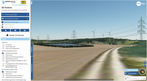 Screenshot aus der 3D-Anwendung mit Stromleitungen
