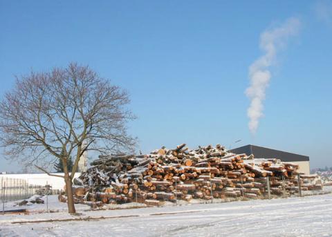 Westansicht der Hackschnitzelanlage mit Holzlager (Quelle: Energie-Atlas Bayern)