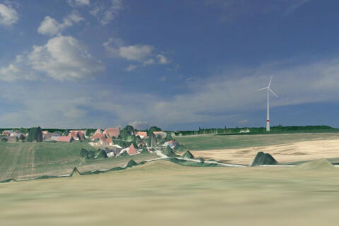 3D-Simulation eines Windrads neben Dorf (Bildquelle: Energie-Atlas Bayern)