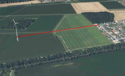 Simulation einer WEA-Anlage mit Distanzmessung zur Siedlung (Bildquelle: Energie-Atlas Bayern)