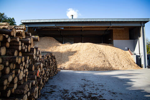 Das Bild zeigt einen Holzstapel sowie eine Lager für Holzschnitzel.