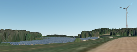 Simulation einer PV-Freiflächen-Anlage in der Landschaft (Bildquelle: Energie-Atlas Bayern)