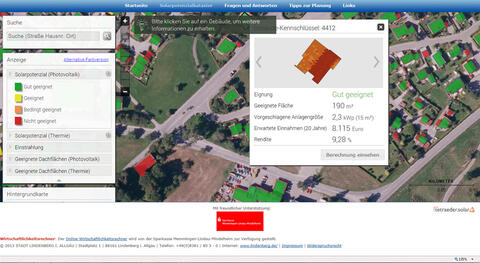 Mit dem Online-Werkzeug lässt sich die Wirtschaftlichkeit von Dachflächen für die Photovoltaiknutzung ermitteln. (Quelle: Energie-Atlas Bayern)