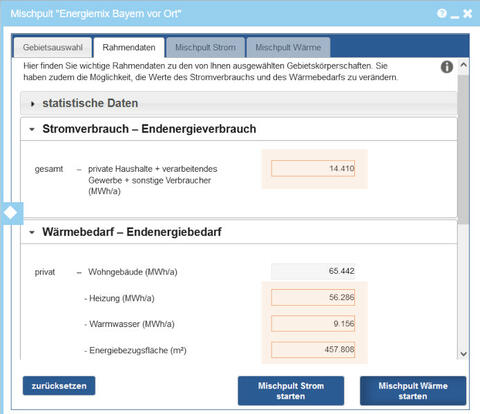 Rahmendaten anpassen: Sie können bei Bedarf den Wert des gesamten Strom-/Wärmeverbrauchs und/oder des Strom-/Wärmeverbrauchs privater Haushalte verändern und anschließend das Strom- oder Wärmemischpult starten. (Quelle: Energie-Atlas Bayern)