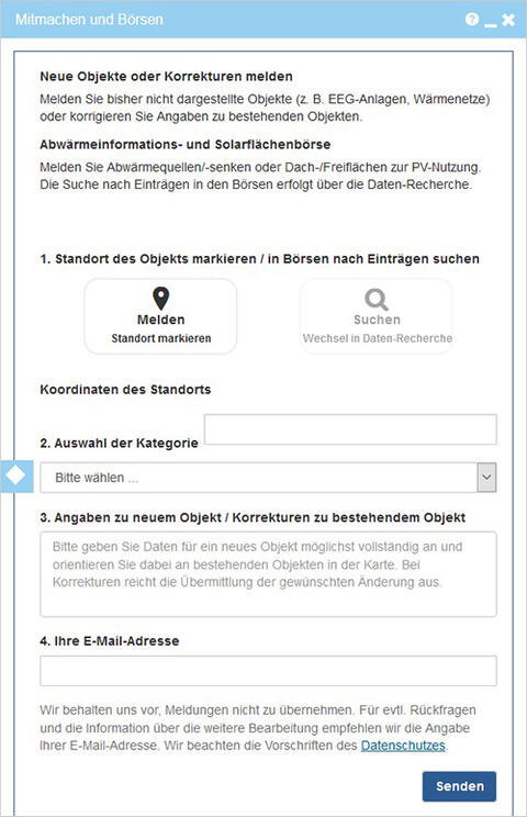 Formular zur Mitmach-Funktion: Die Solarflächen- und Abwärmeinformationsbörse können hier genutzt oder neue Anlagen gemeldet werden. Mitmachen und Börsen (Quelle: Energie-Atlas Bayern)