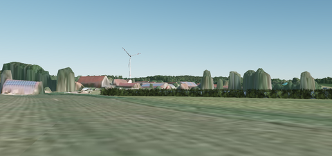 Ansicht aus der Anwendung, Simulation einer Hecke vor einer PV-Freiflächenanlage (Bildquelle: Energie-Atlas Bayern)