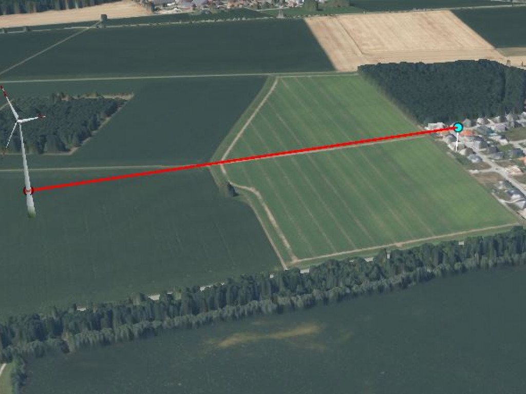 Simulation einer WEA-Anlage mit Distanzmessung zur Siedlung (Bildquelle: Energie-Atlas Bayern)
