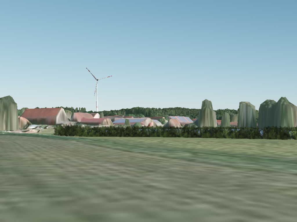 Ansicht aus der Anwendung, Simulation einer Hecke vor einer PV-Freiflächenanlage (Bildquelle: Energie-Atlas Bayern)