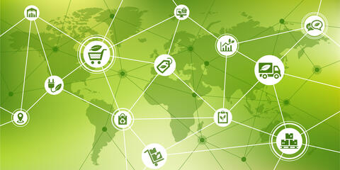 Darstellung einer Weltkarte in grün mit vernetzung von Symbolen wie Einkaufswagen oder LKW (j-mel - stock.adobe.com).