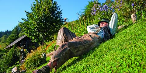 Ein Mann entspannt auf einer Bergwiese (Foto: S. Teubenbacher)