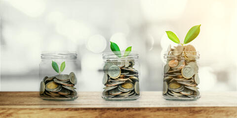 Symbolbild Förderung: Gläser, die mit Münzen gefüllt sind (Bildquelle: SasinParaksa - stock.adobe.com)