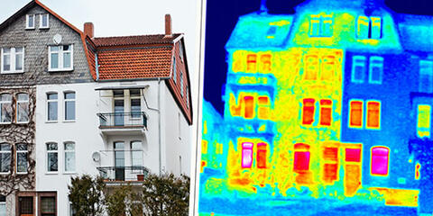Ein Gebäude, daneben eine Thermografie-Aufnahme des Hauses. (Quelle: Ingo Bartussek - Fotolia.com)