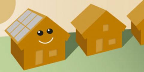 Drei illustrierte Häuser, eines mit PV-Anlage und lachendem Gesicht, zwei ohne PV-Anlage. (Quelle: Bayerisches Landesamt für Umwelt)