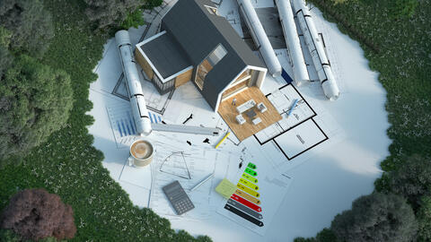 Bildcollage mit Wald und Planung eines Hauses (Bildquelle: FrankBoston - stock.adobe.com)