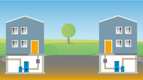 Zeichnung zweier Häuser, die verschiedene Arten der oberflächennahen Geothermie nutzen. (Quelle: Bayerisches Landesamt für Umwelt)